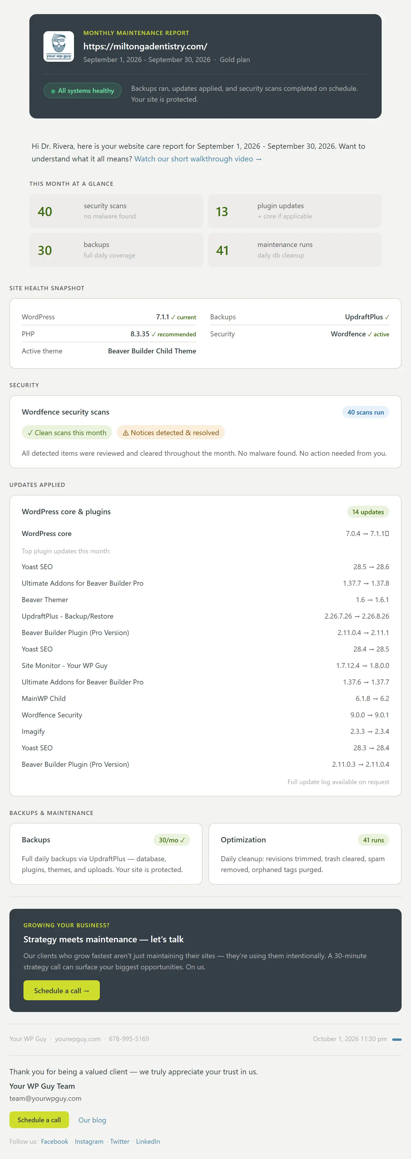 Sample monthly Website Care Report for a dental practice