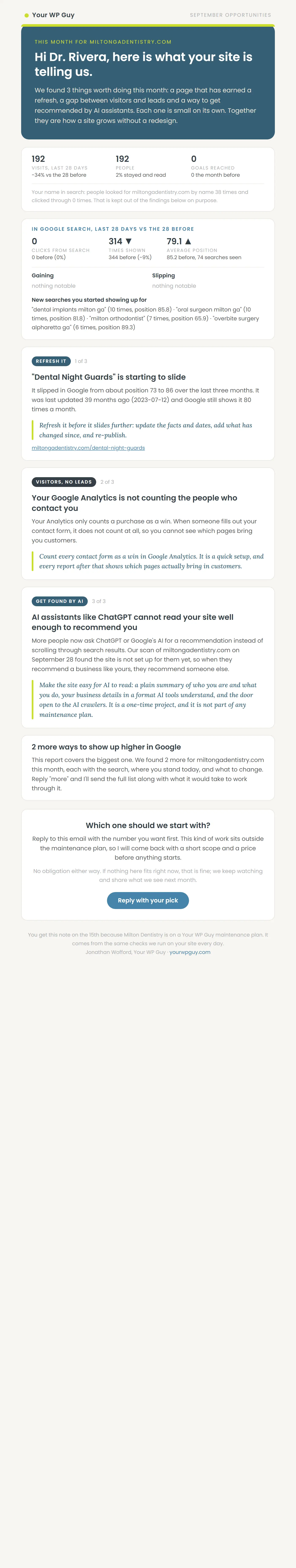 Sample opportunity report for a dental practice
